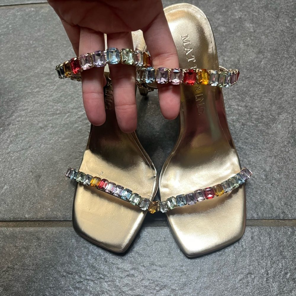INC Diana Slip On Sandal Gold Multicolor Bling Stiletto Heels SZ 5 Square Toe - Picture 3 of 8